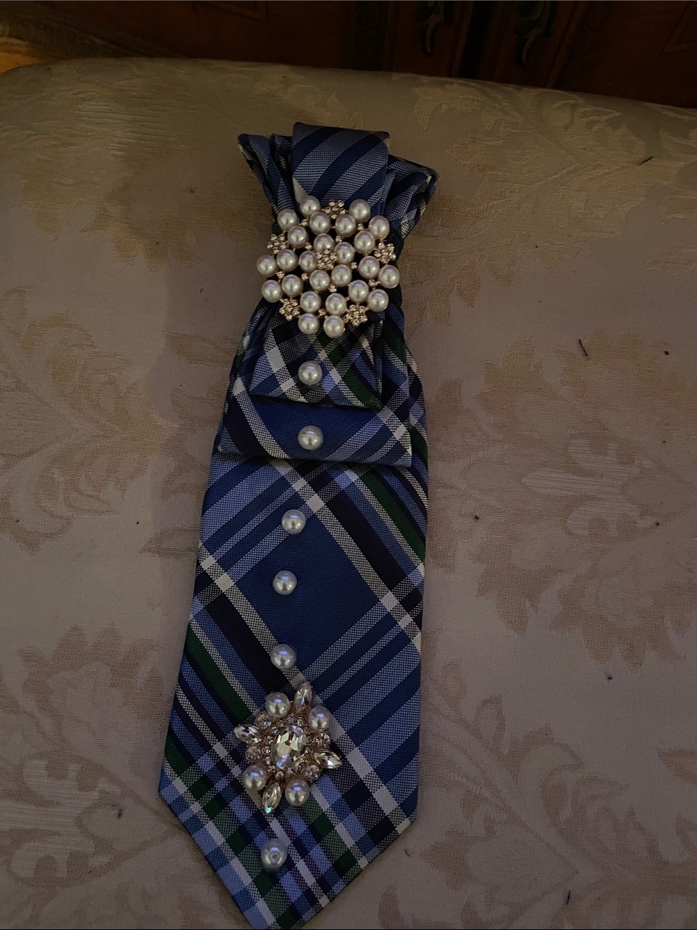 Pearl Cluster Brooch Set on Navy Plaid Fabric Accent